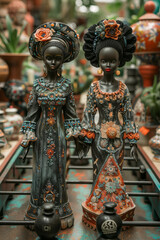 Poster - Image of foosball figures in Nigerian masquerade outfits facing off against figures in traditional Argentinian tango attire,