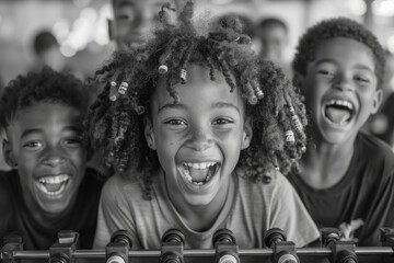 Poster - Illustration of a group of children laughing and cheering as they play a competitive game of foosball, their faces full of excitement,