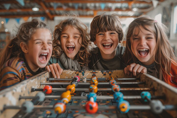 Poster - Illustration of a group of children laughing and cheering as they play a competitive game of foosball, their faces full of excitement,