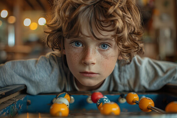 Poster - Scene of a child intensely concentrating while twisting the foosball rod, determined to score a goal,