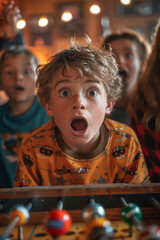 Poster - Artistic rendering of a child making a dramatic save in foosball, with their friends reacting in amazement,