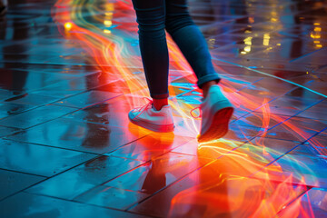 Poster - Artistic depiction of a playerâ€™s fast footwork on a dance machine, with colorful streaks showing the path of their steps,