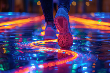 Poster - Artistic depiction of a playerâ€™s fast footwork on a dance machine, with colorful streaks showing the path of their steps,