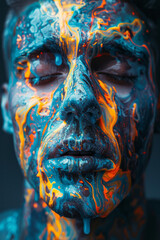 Aufkleber - Image of a human face partially melting, with features dripping down into a pool of vibrant, swirling colors,