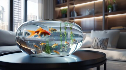 Poster - A decorative tabletop goldfish tank adding a touch of elegance to a modern living space, with sleek design and vibrant aquatic life.
