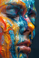 Poster - Image of a human face partially melting, with features dripping down into a pool of vibrant, swirling colors,