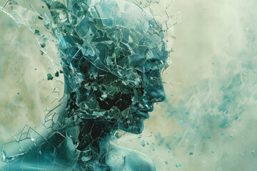Poster - Illustration of a human body fracturing into geometric shapes, each piece dissolving into fluid patterns and merging with the background,