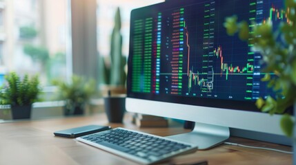 Poster - A desktop computer screen displaying stock market indices and price graphs, reflecting market sentiment and investor confidence.