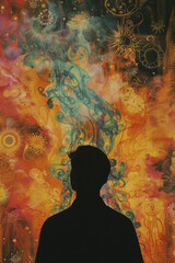 Poster - Scene showing a human silhouette with parts of their body evaporating into a vapor, with intricate patterns representing the dissolution,