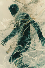Fototapete - Illustration of a human body with their arms and legs turning into fluid streams, merging into a background of dynamic, flowing patterns,