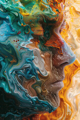 Poster - Illustration of a human body breaking apart into fluid segments, each segment merging into a sea of swirling colors,