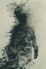 Poster - Scene showing a human figure with parts of their body evaporating into a cloud of mist, with intricate, abstract patterns representing the dissolution,