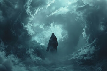 Fototapete - Illustration of a human figure standing in the center of dark, swirling clouds, their face obscured by the fog to represent confusion,