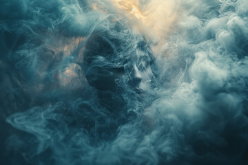 Fototapete - Illustration of a human figure standing in the center of dark, swirling clouds, their face obscured by the fog to represent confusion,