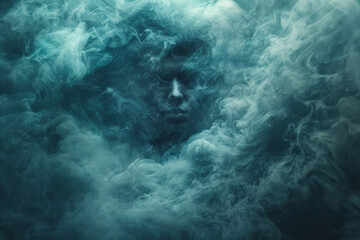 Fototapete - Illustration of a human figure standing in the center of dark, swirling clouds, their face obscured by the fog to represent confusion,