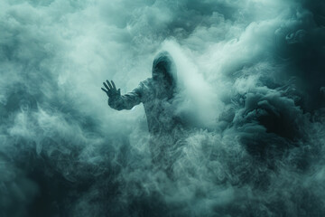 Fototapete - Illustration of a person reaching out through a thick fog, their hand barely visible as dark clouds swirl around them,