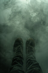Poster - Artistic rendering of a human body with dark mist creeping up from the feet, engulfing the body and leaving the head barely visible,