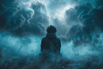 Fototapete - Scene of a person with dark clouds forming around their head, obscuring their vision and thoughts,