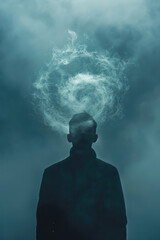 Fototapete - Image of a human figure with their head enveloped in a swirling dark mist, while their body remains clear, showing the localized impact on the mind,