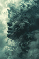 Fototapete - Illustration of a person trying to push away dark clouds that surround them, symbolizing the struggle against cognitive decline,