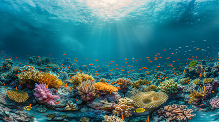 Vibrant underwater scene with colorful coral reefs and fish lit by sunlight filtering through the water.