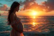 © jessica - Pregnant Woman Watching Sunset at the Beach - ai generative