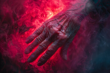 Poster - Image of a hand with bright pink and red tones, gradually turning gray and black towards the fingertips, highlighting loss of health and vitality,