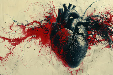 Poster - Illustration of a heart surrounded by chaotic, intertwined red and black lines, symbolizing the turmoil of cardiovascular toxicity,