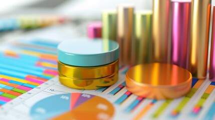 Poster - a financial report with colorful pie charts and bar graphs, summarizing key metrics and performance 