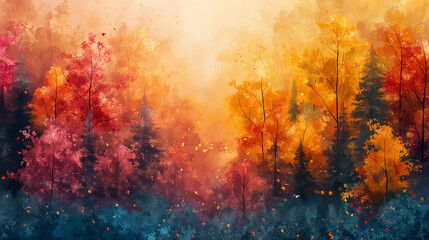 Wall Mural - A painting of a forest with trees in various shades of orange and blue