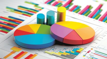 Poster - A financial report with colorful pie charts and bar graphs, summarizing key metrics and performance indicators.
