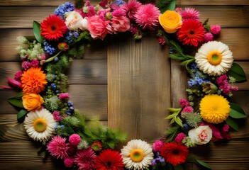 Wall Mural - A flat lay of flowers and gifts on a wooden background with space for text in the center