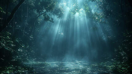 Wall Mural - A forest with a stream of water and sunlight shining through the trees
