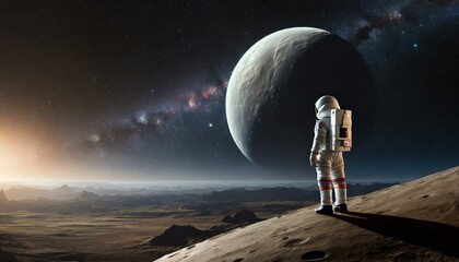Wall Mural - an astronaut at the corner of the picture looking at the deep space while standing on the surface of a moon-like planet, view from back.
