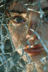 Sticker - Image of a person's face reflected in multiple small, broken mirror pieces, scattered across a table.