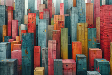 Aufkleber - illustration of an abstract cityscape with wooden blocks of varying heights and colors, forming a vi
