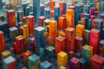 Poster - Illustration of an abstract cityscape with wooden blocks of varying heights and colors, forming a vibrant urban environment,