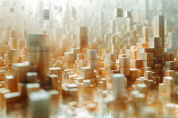 Aufkleber - Scene showing an abstract metropolis with wooden blocks stacked unevenly, creating a dynamic and chaotic skyline,