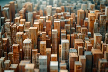 Aufkleber - Illustration of a densely packed wooden block city, with narrow alleys and tall buildings closely clustered together,
