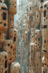 Aufkleber - image of a futuristic city made from sleek wooden blocks, with intricate patterns carved into each b