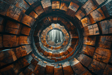 Aufkleber - scene of an abstract city with wooden blocks arranged in concentric circles, forming a radial urban 