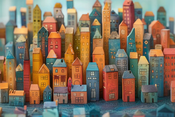 Aufkleber - illustration of a colorful wooden block city, with each block painted in different hues to represent