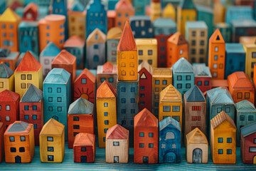Aufkleber - illustration of a colorful wooden block city, with each block painted in different hues to represent