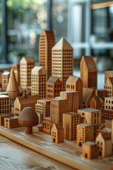 Aufkleber - image of a minimalist cityscape with simple wooden blocks, each representing a modern, sleek buildin