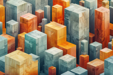 Poster - Illustration of a geometric cityscape with wooden blocks arranged in precise patterns, forming an orderly urban environment,