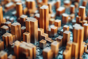 Aufkleber - illustration of a geometric cityscape with wooden blocks arranged in precise patterns, forming an or