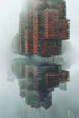 Aufkleber - Artistic depiction of a series of high-rise buildings balanced on narrow bases, creating a teetering effect,