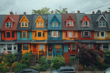 Aufkleber - scene showing a row of townhouses stacked on top of each other haphazardly, defying gravity and appe