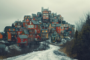 Aufkleber - scene showing a row of townhouses stacked on top of each other haphazardly, defying gravity and appe