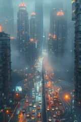Poster - image of a futuristic city with towering buildings that bend and twist, looking like they might snap